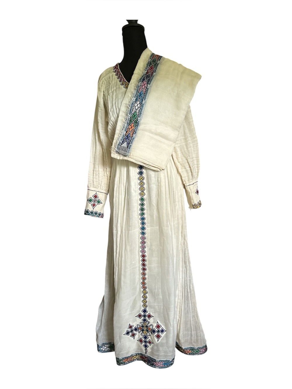 Ethiopian Eritrean white Embroidered ጥልፍ Long Women's Dress with Scarf